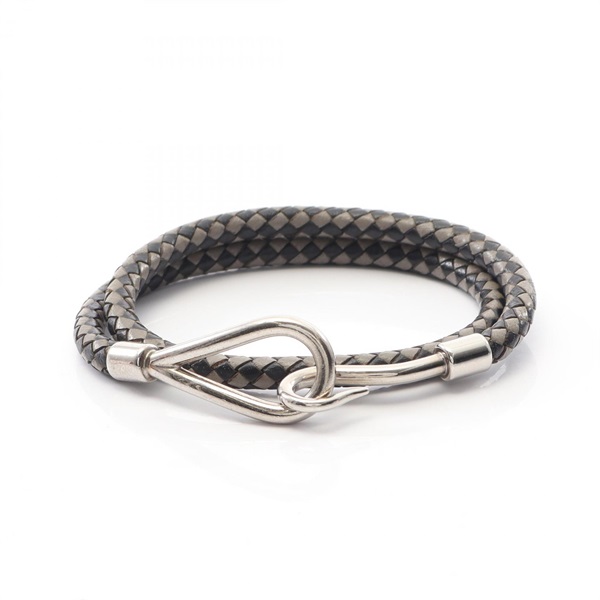 HERMES Jumbo Choker 16.5cm Bracelet Stainless Steel leather Black Gray Used