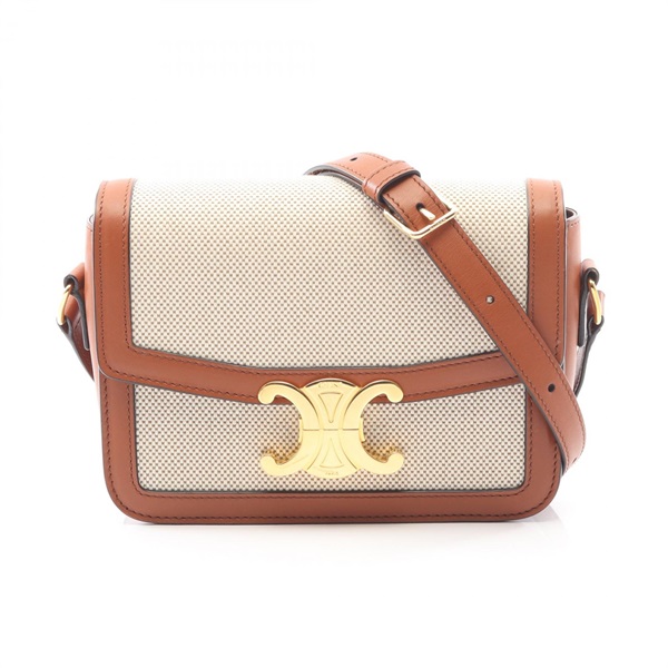 CELINE Teen Triomphe Shoulder Crossbody Bag canvas leather Beige Brown Used