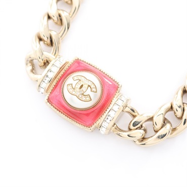 CHANEL COCO Mark Necklace collier 28-37cm Gold Plated Artificial pearl Pink Used