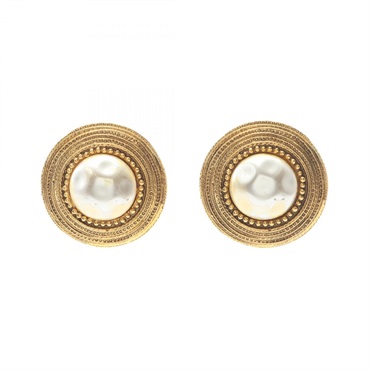 CHANEL Clip round Earring Gold Plated Artificial pearl White Used Coco CC
