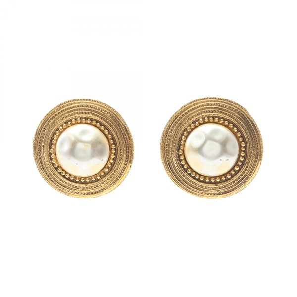 CHANEL Clip round Earring Gold Plated Artificial pearl White Used Coco CC