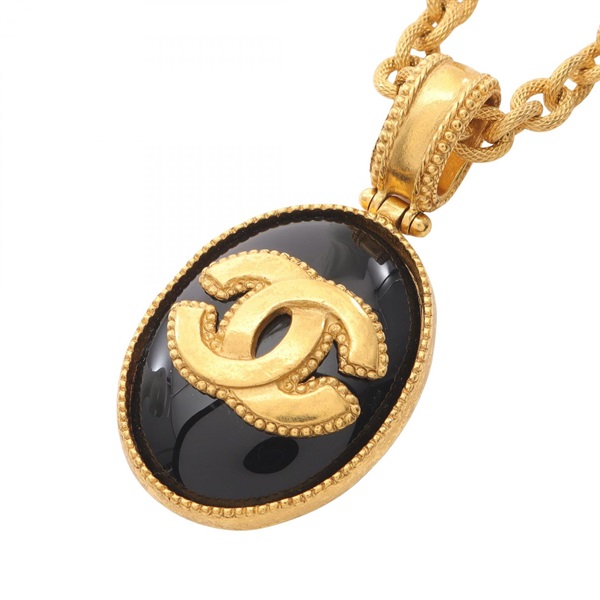CHANEL COCO Mark Necklace Pendant Gold Plated Black Used CC Women