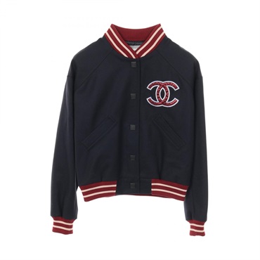 CHANEL Sports line COCO Mark blouson jacket #38 wool Navy Bordeaux Used Women