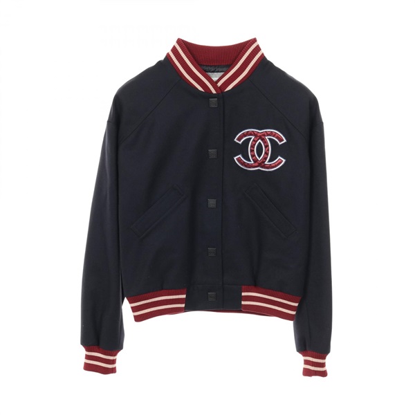 CHANEL Sports line COCO Mark blouson jacket #38 wool Navy Bordeaux Used Women