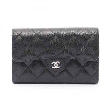 CHANEL Matelasse Tri-fold compact wallet purse Calfskin leather Black Used Women