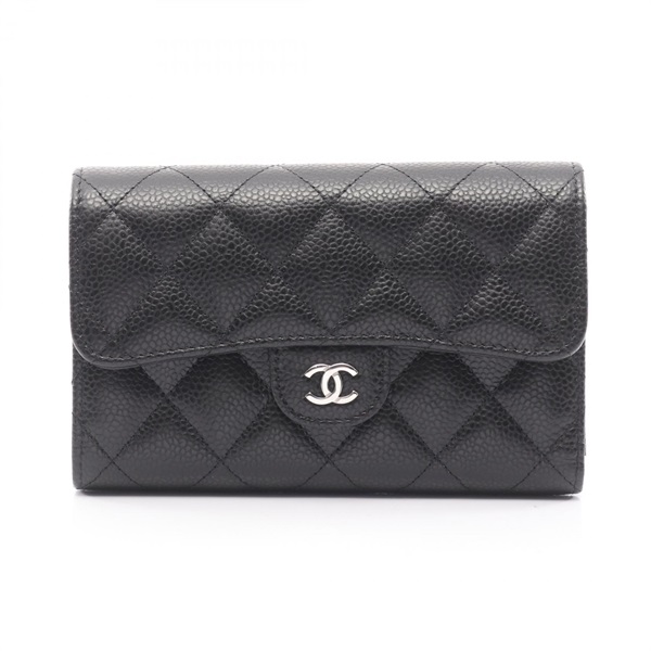 CHANEL Matelasse Tri-fold compact wallet purse Calfskin leather Black Used Women