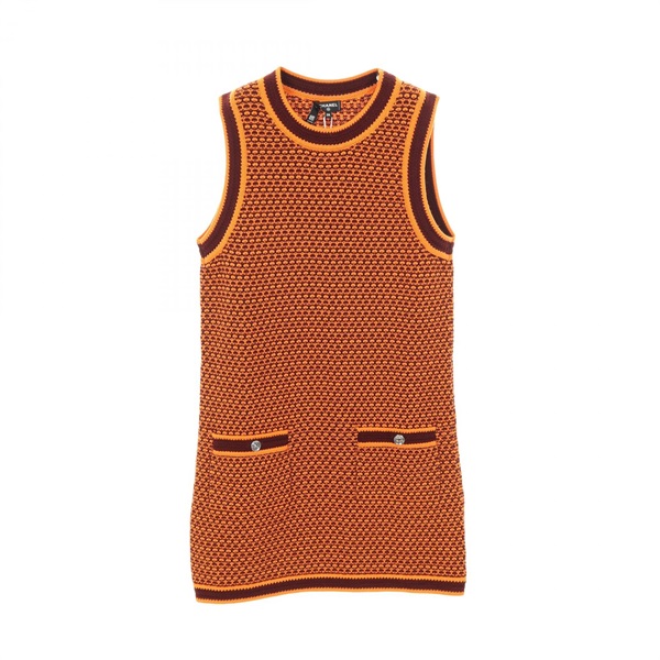 CHANEL COCO Mark button Dress #38 long vest P75435 cashmere Orange Bordeaux