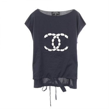CHANEL COCO Mark T-shirt #38 short sleeves cotton Navy Used Women