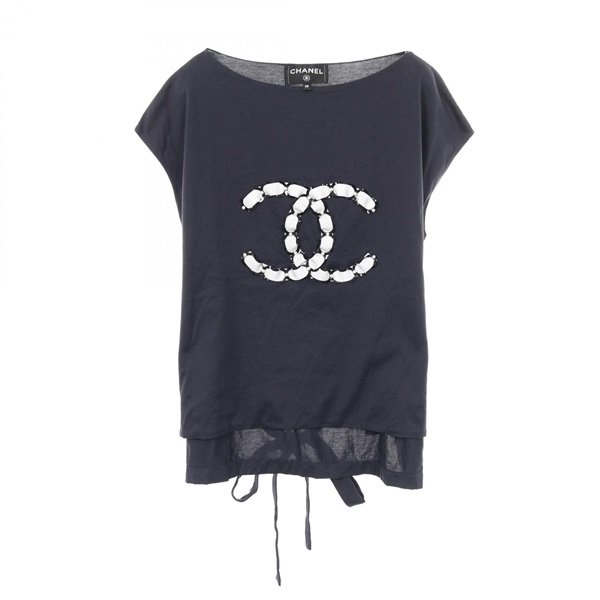CHANEL COCO Mark T-shirt #38 short sleeves cotton Navy Used Women