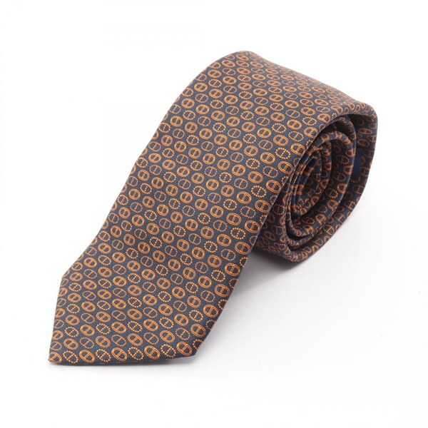 HERMES Maillons Parade Chaine d'Ancre Tie silk Navy Orange Used mens