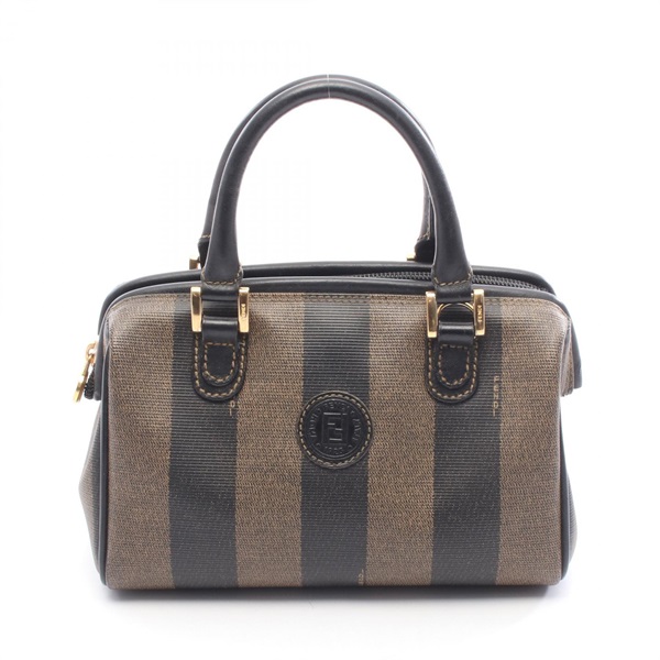 FENDI Pequin Handbag PVC coated canvas leather Beige Black Used Women