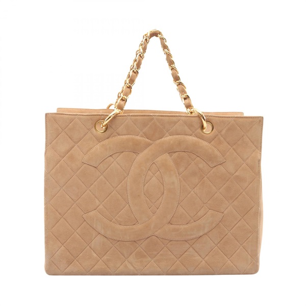 CHANEL Matelasse Big COCO Mark Tote chan hand Bag Suede Beige Used Women GHW