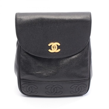 CHANEL Triple COCO Mark Rucksack Backpack leather Calfskin Black Used Women GHW