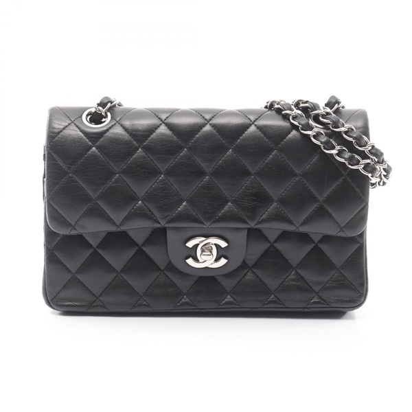 CHANEL Matelasse W flap chain Shoulder Bag Lambskin Black Used SHW