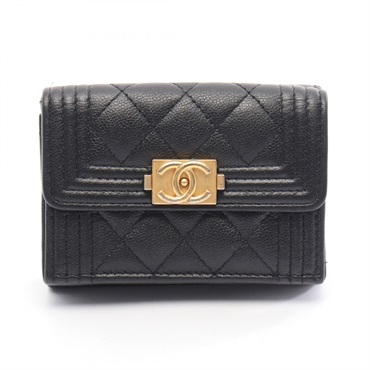 CHANEL Boy Chanel Tri-fold wallet purse Grained calfskin leather Black GHW Used