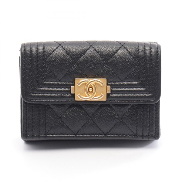 CHANEL Boy Chanel Tri-fold wallet purse Grained calfskin leather Black GHW Used