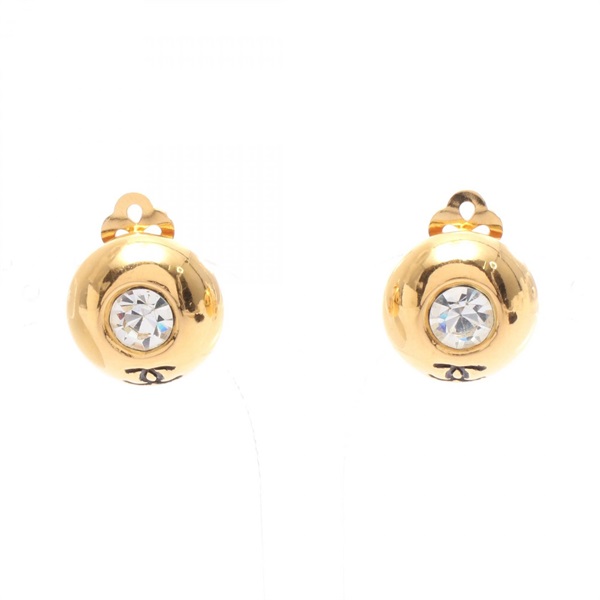 CHANEL COCO Mark Clip-on Earrings Gold Plated Rhinestone Used CC Logo