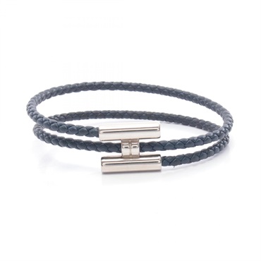 HERMES Tournis Tresse Bracelet 19cm leather Stainless Steel Navy Used Women