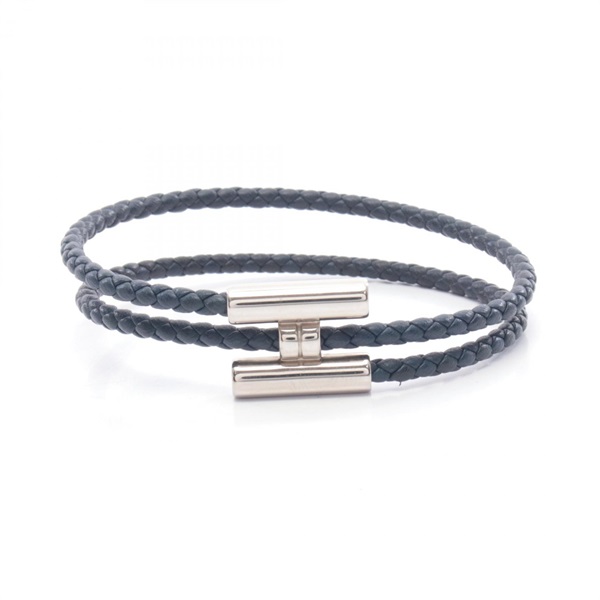 HERMES Tournis Tresse Bracelet 19cm leather Stainless Steel Navy Used Women