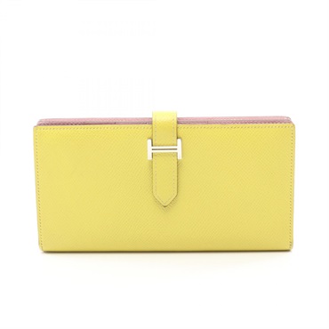 HERMES Bearn Soufflet Verso Bifold purse wallet Epsom leather Lime Pink Used D