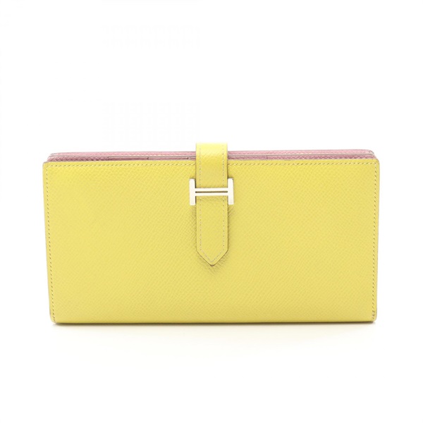 HERMES Bearn Soufflet Verso Bifold purse wallet Epsom leather Lime Pink Used D