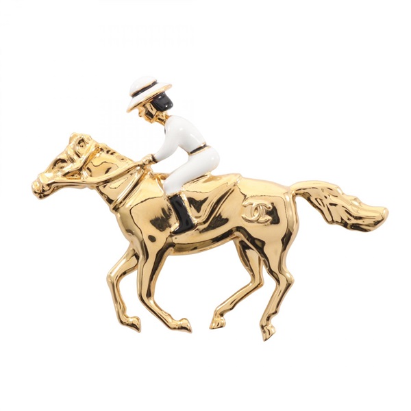 CHANEL COCO Mark Horse Brooch Pin G26C Gold Plated White Used Women CC