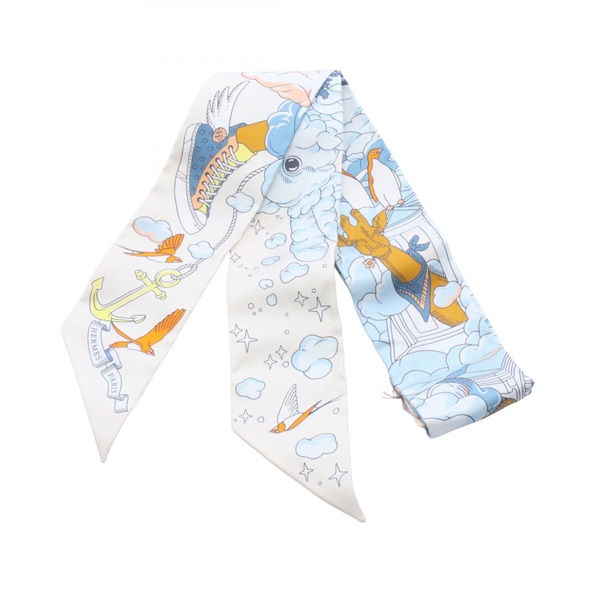 HERMES Twilly Sur Mon Nuage Ribbon Scarf Silk White Blue Multicolor Used Women