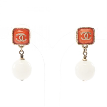 CHANEL COCO Mark A14K Pierced earrings Gold Plated Orange White Used