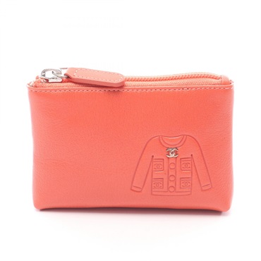 CHANEL COCO Mark Keyring Coin Change Purse Case leather Orange Used Women CC