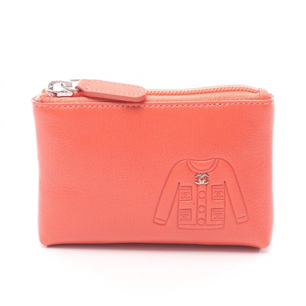 CHANEL COCO Mark Keyring Coin Change Purse Case leather Orange Used Women CC