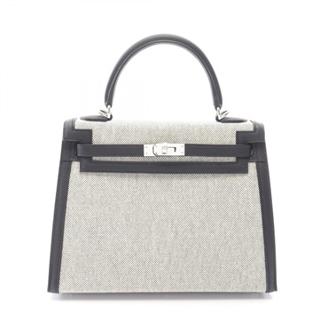 HERMES Kelly 25 Shoulder Handbag Toile H canvas Swift leather White Black used