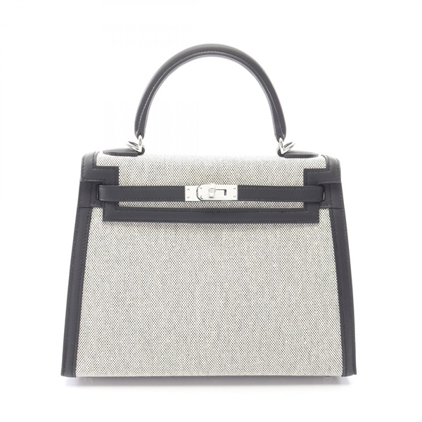 HERMES Kelly 25 Shoulder Handbag Toile H canvas Swift leather White Black used