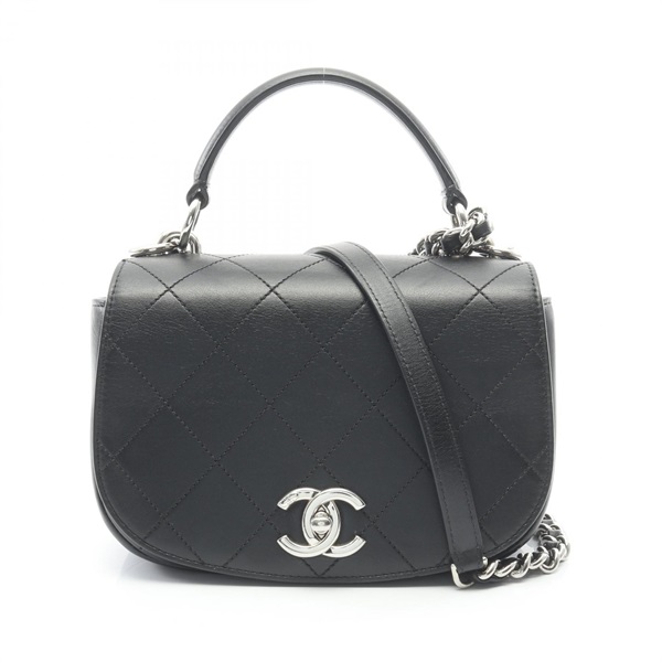 CHANEL Matelasse Top Handle Shoulder Crossbody Bag leather Black SHW Used Women