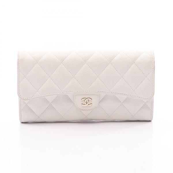 CHANEL Classic Long Flap Matelasse Bifold Wallet Purse AP0241 leather White Used