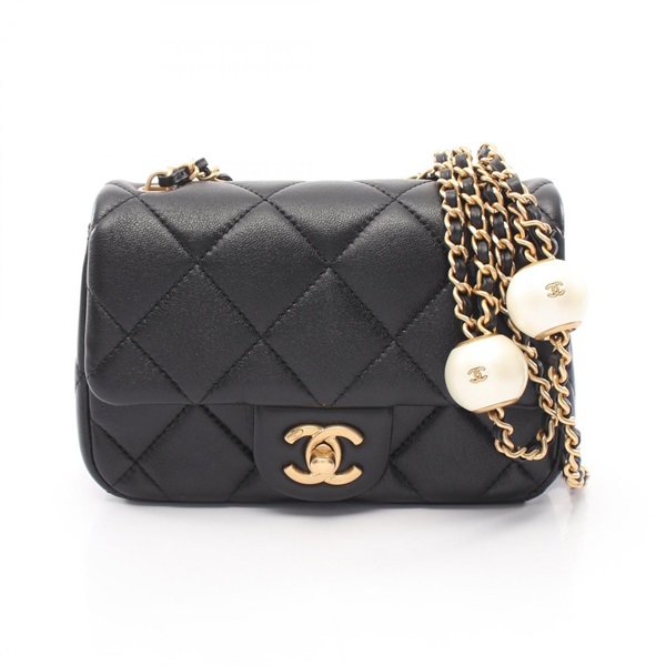 CHANEL Mini Matelasse Chain Shoulder Crossbody Bag Lamb leather Black GHW Used