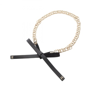 CHANEL COCO Mark Ribbon Chain Belt #XS AAA611 leather Gold Plated Black Used CC