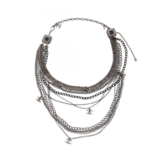 CHANEL COCO Mark 10 strand Necklace Stainless Steel Black Used Women CC