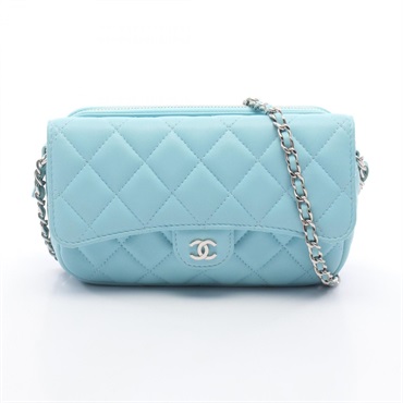 CHANEL Matelasse phone case chain crossbody Shoulder Bag Lambskin aqua blue SHW