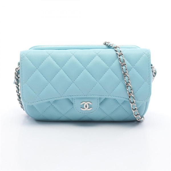 CHANEL Matelasse phone case chain crossbody Shoulder Bag Lambskin aqua blue SHW