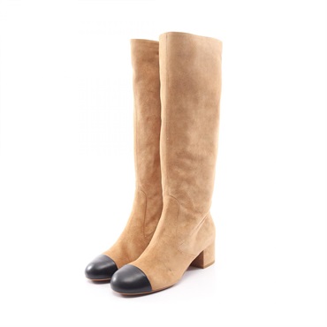 CHANEL COCO Mark Long Boots G45903 Suede leather Beige Black Women CC