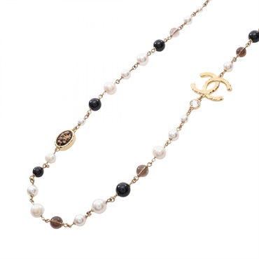 CHANEL COCO Mark Necklace Gold Plated Artificial pearl rhinestone Used Women CC