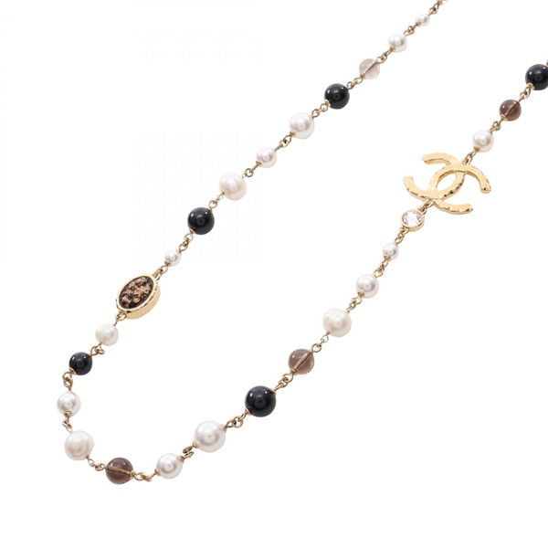 CHANEL COCO Mark Necklace Gold Plated Artificial pearl rhinestone Used Women CC