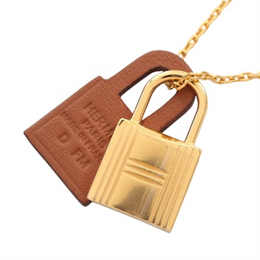 HERMES O'Kelly Padlock Necklace Pendant Gold Plated Brown Used Women D