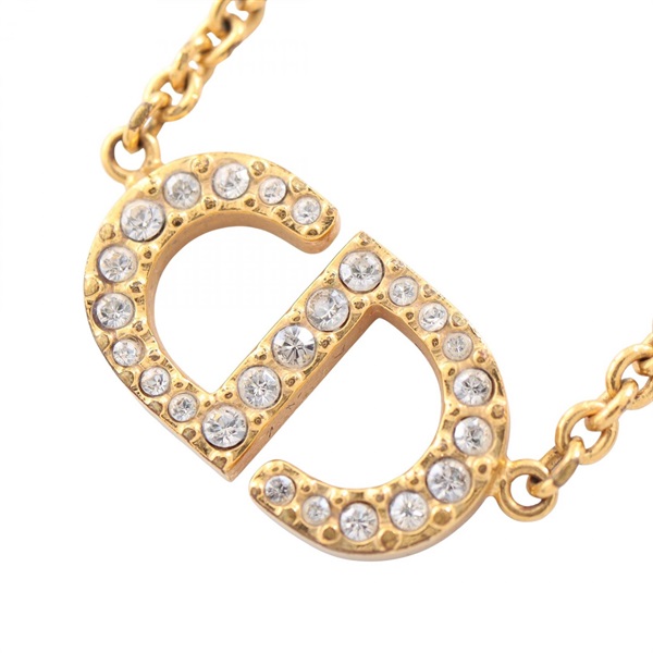 Christian Dior Petit CD Necklace Pendant Gold Plated Rhinestone Clear Used Women