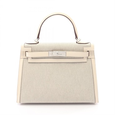 HERMES Kelly 28 Sellier Shoulder Handbag Toile H canvas leather Beige SHW Used Z
