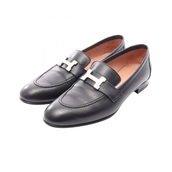 HERMES Moccasins Paris Loafers Shoes #37 leather Black Used Women