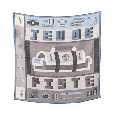 HERMES Carre 65 Jeu de Piste Scarf Stole Wrap silk cashmere Gray Blue Preowned