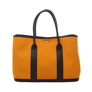 HERMES Garden party PM Tote Handbag Toile officier canvas leather Orange Used A