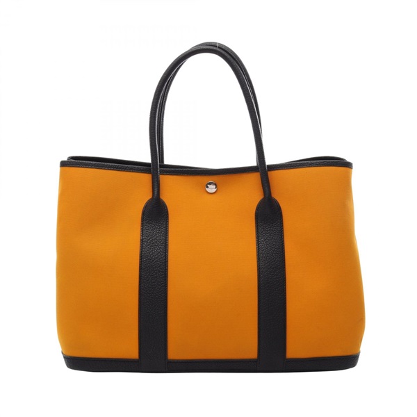 HERMES Garden party PM Tote Handbag Toile officier canvas leather Orange Used A