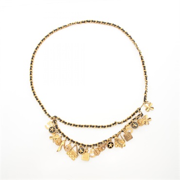 CHANEL Chain belt ceinture 92cm charms leather Gold Plated Black Used